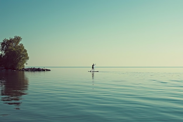 Lakefront paddleboarding serenity with nature and sky