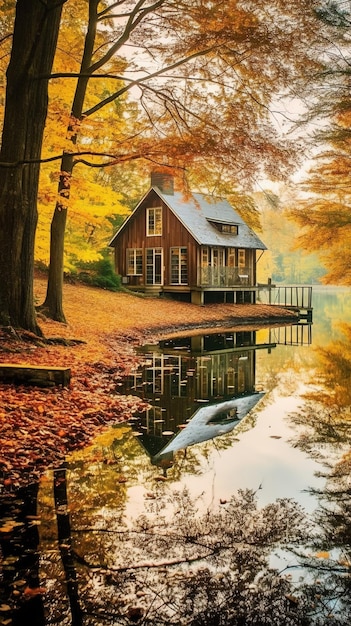 Lakefront vacation cottage in autumn