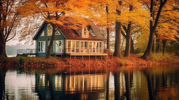 Lakefront vacation cottage in autumn