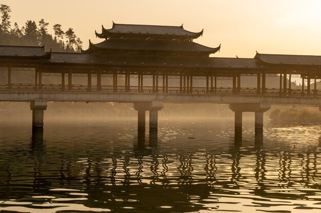 Lakes and bridges in the setting sun