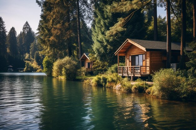 Foto cabine sul lago circondate da alberi