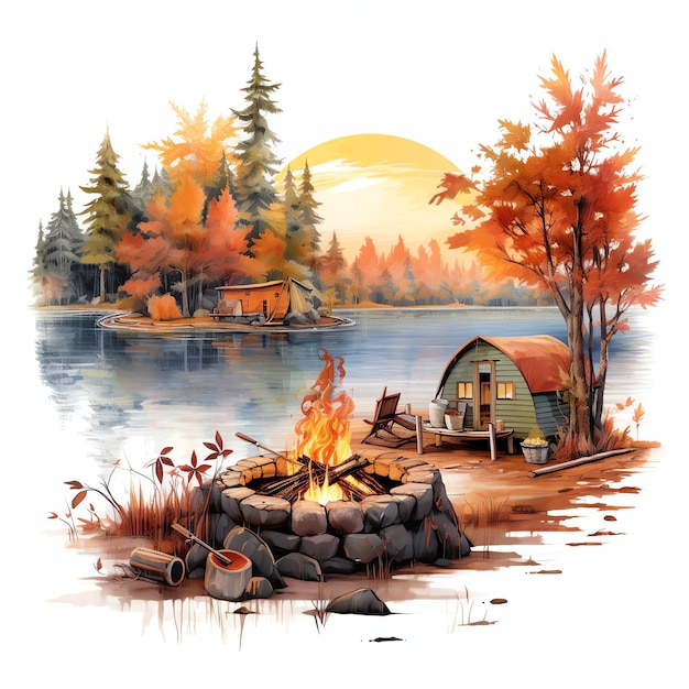 Осенняя акварельная иллюстрация у костра на берегу озера