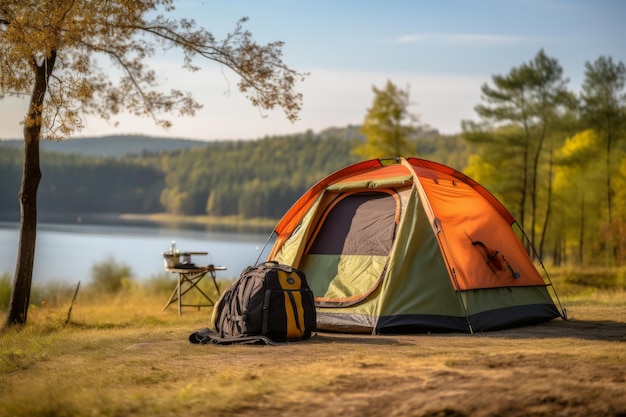 Lakeside camping site with tent and backpack
