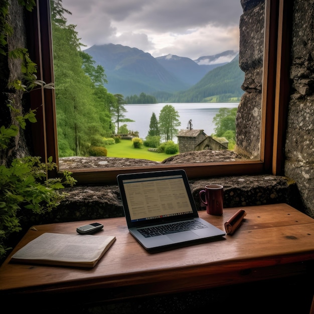 A lakeside castle in Scotland a tablet on an antique stone windowsill The nomad enjoys a view