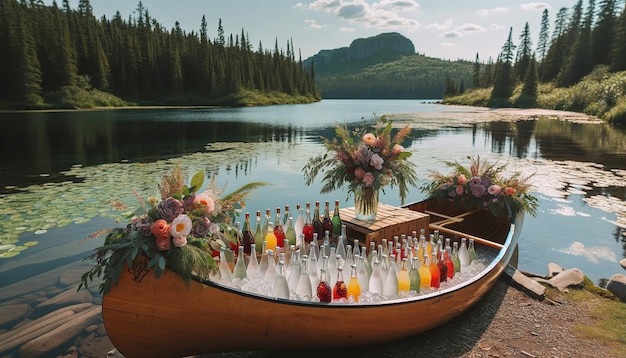 Празднование на берегу озера освежающие напитки в каноэ для канадской невесты и жениха