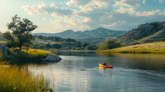 A lakeside gathering with kayaking fishing and a scenic backdrop of rolling hills