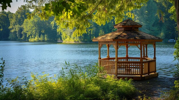 Photo lakeside gazebo surrounded by water and embraced by nature providing a peaceful spot for contemplat