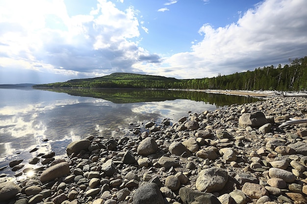 lakeside landscape summer view, nature of the north, coast ecology