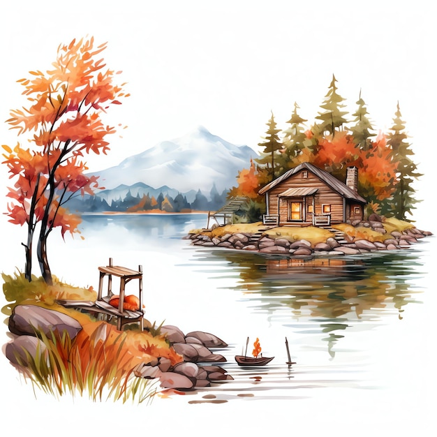 Lakeside Retreat herfst herfst aquarel illustratie