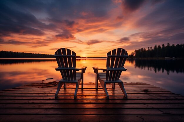 Lakeside serenity wooden chairs on a pier overlooking a tranquil lake generative ai