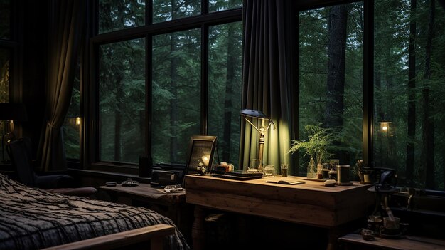 Lakeside Tranquility Old Bedroom with Dark Ambiance and Big Window View Vintage Charm