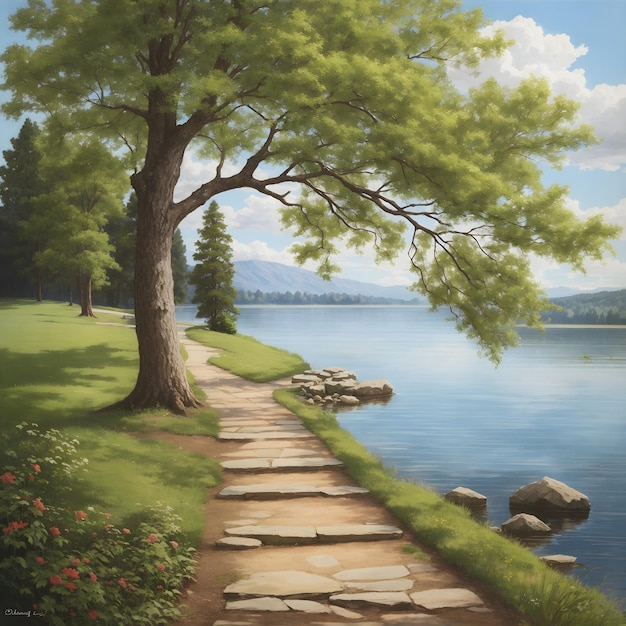 Lakeside Tranquility Path and Tree by the Water