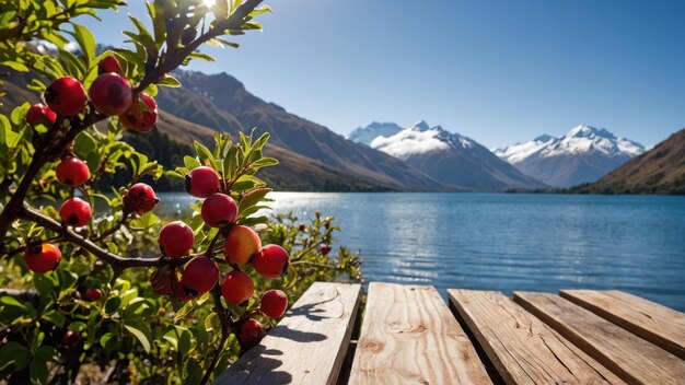 Photo lakeside tranquility with vibrant hawthorn berries