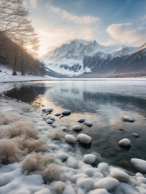 Foto la vista sul lago in inverno