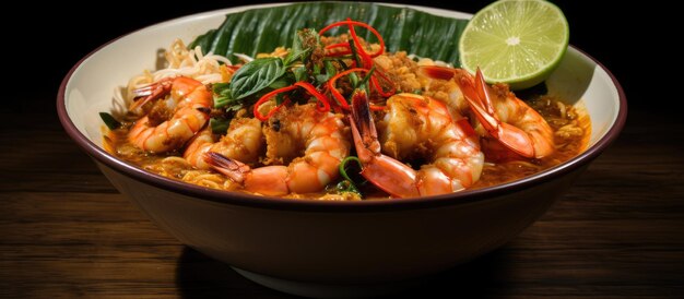 The laksa shrimp bowl is a popular asian malaysian dish that consists of glass noodles shrimps