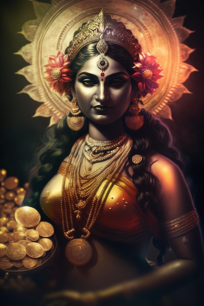 ラクシュミ 芸術的栄光の中で輝くインドの富と幸運の女神