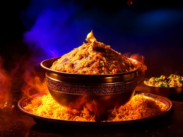 Lam en kip in gouden schaal dum biryani met vuur rook achtergrond's nachts gratis afbeelding