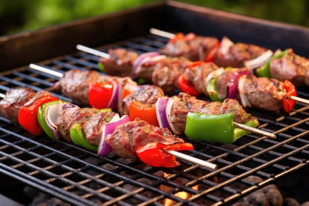 Lam kebabs op de grill met rode groene paprika's uien