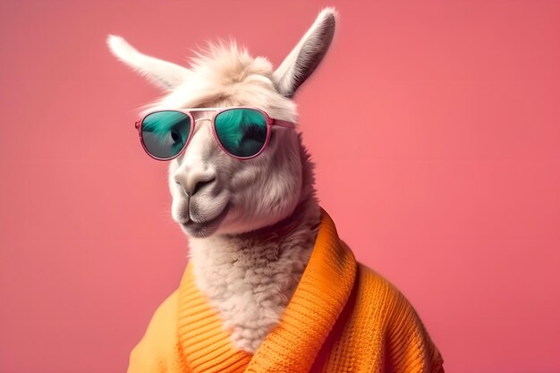 Photo lama in outerwear sweater and glasses on a pastel background cool concept of humor and fashion and style generative ai