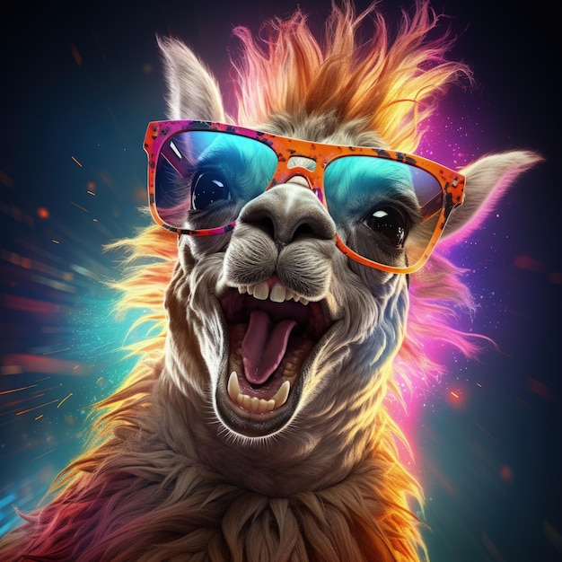 lama portrait with sunglasses Funny animals in a group together looking at the camera wearing clothes having fun together taking a selfie An unusual moment full of fun and fashion consciousness