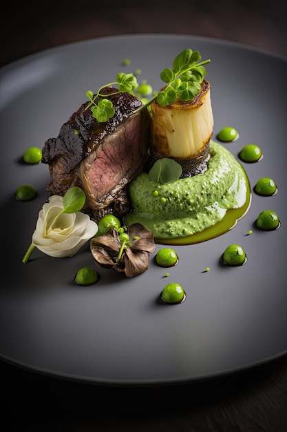 Lamb belly peas with herb crusted roast potato puree