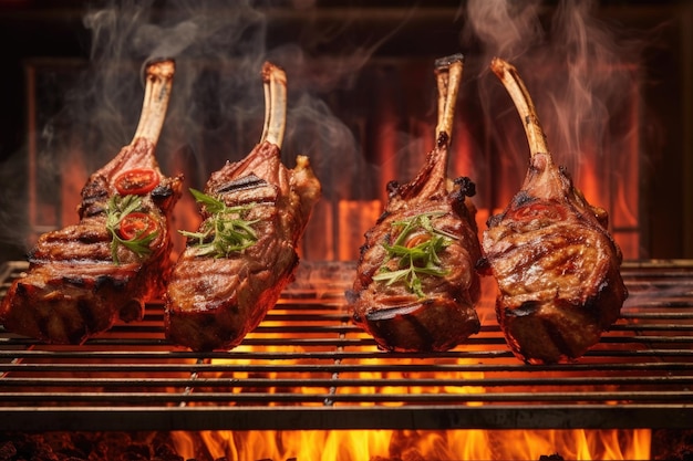 Lamb chops on grill with flames beneath created with generative ai