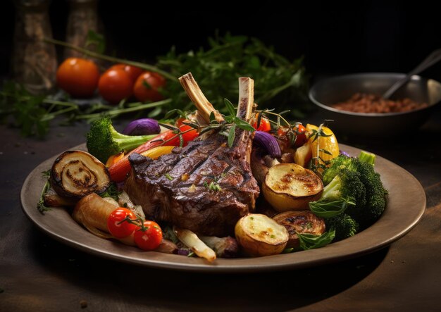 A lamb chops meal enjoyed with a side of roasted vegetables