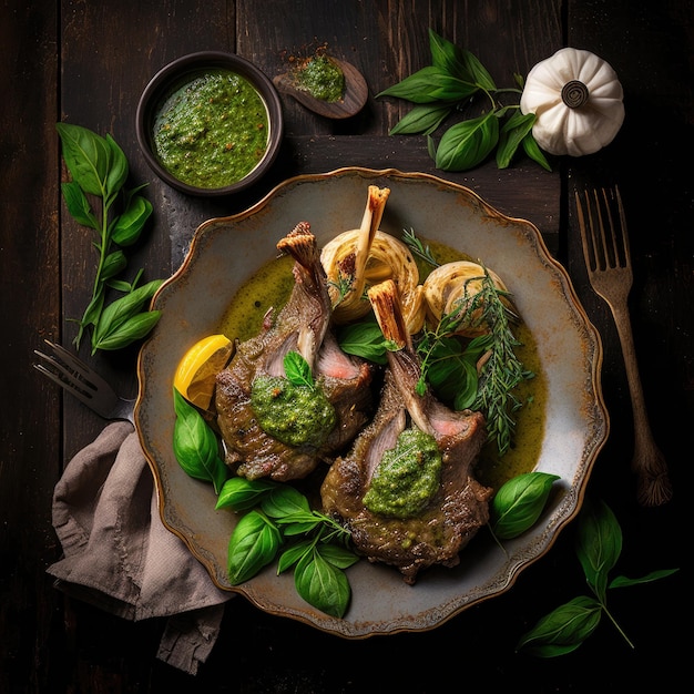 Lamb chops prepared with pesto sauce Illustration AI Generative