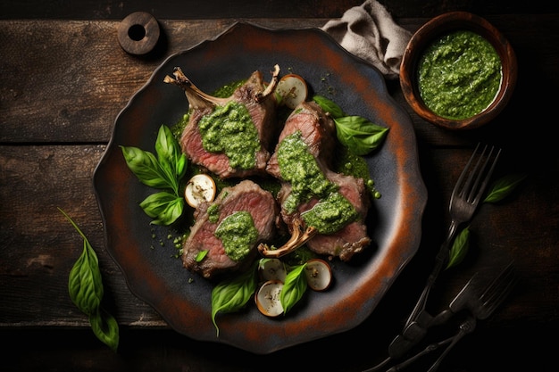 Lamb chops prepared with pesto sauce Illustration Generative AIxA