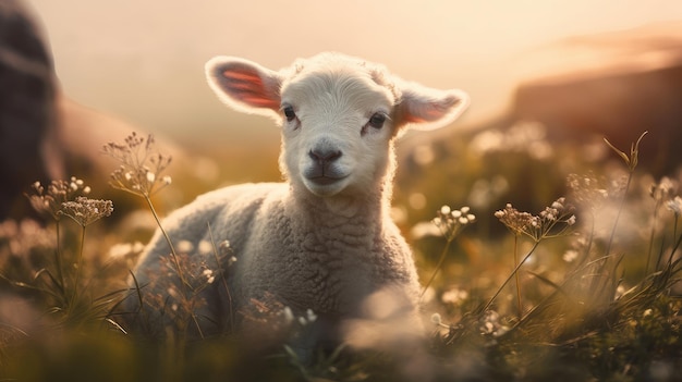 A lamb in a field of flowers