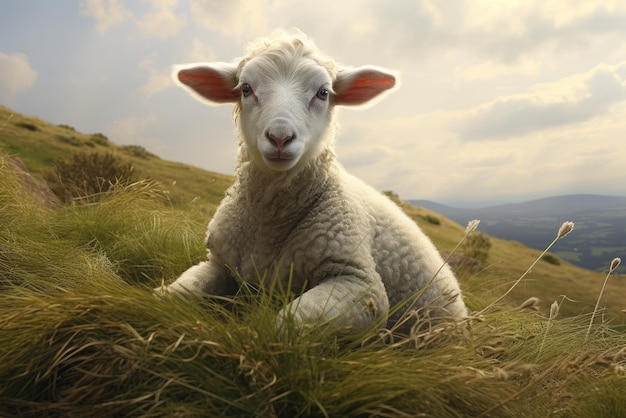 Lamb grazing on green grass meadow Generative AI