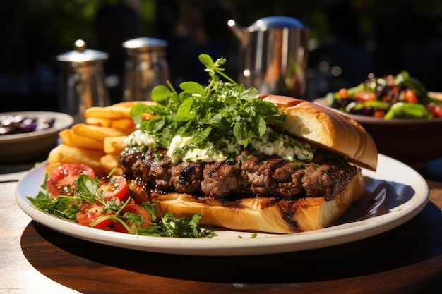 Lamb hamburger with mint sauce potatoes and salad generative IA