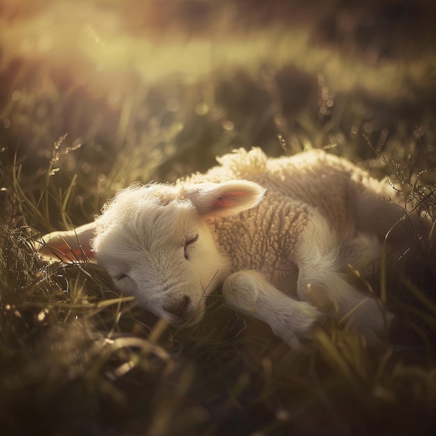 a lamb is laying in the grass with the sun behind him