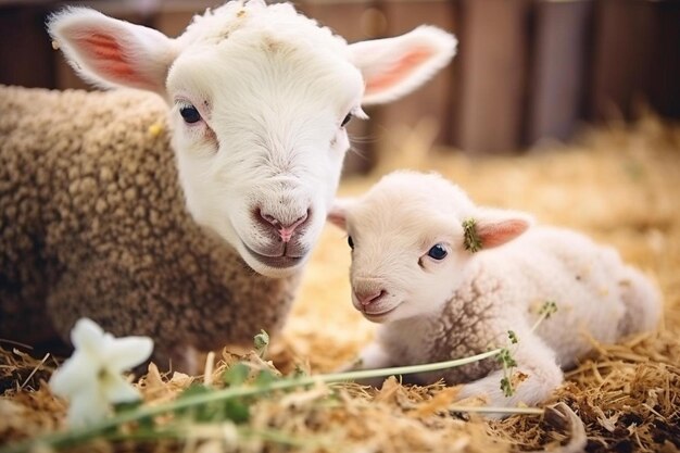 Photo a lamb and its lamb are laying on hay