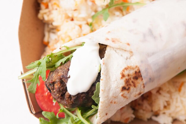 Lamb kofte or gyro with sweet rice