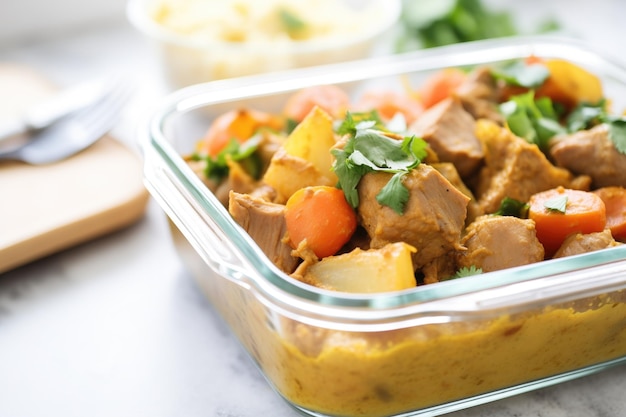 Lamb korma packed in a meal prep container with compartments