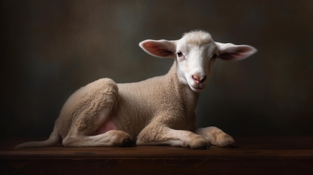 A lamb laying down on a table with a dark background.