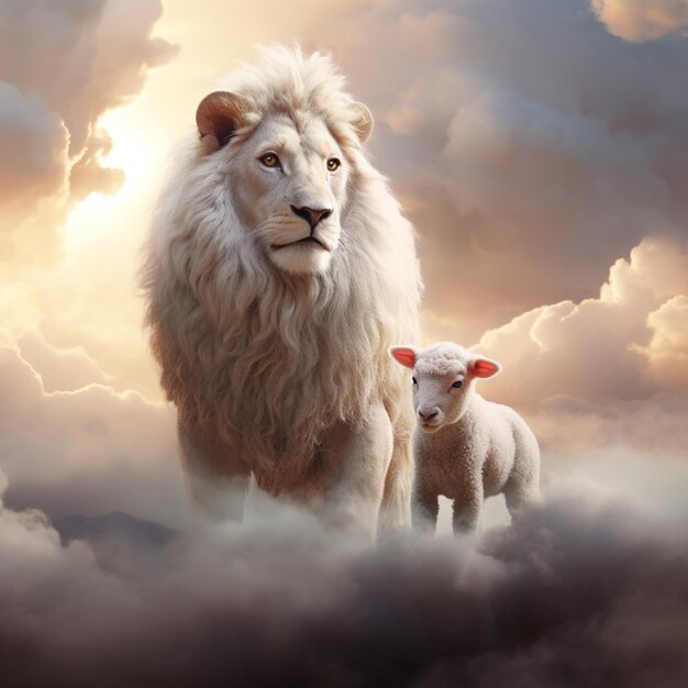 Photo lamb and lion in the cloud fantasy background image ai generated art