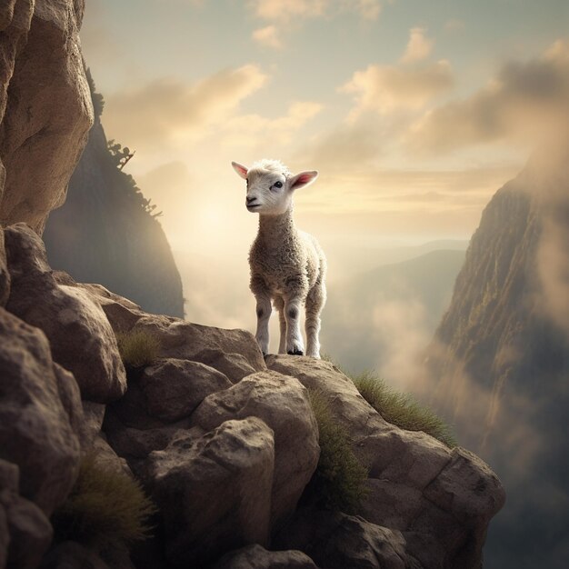 Photo lamb in the middle of a cliff