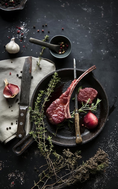 Foto costole di carne di agnello fresche con erbe