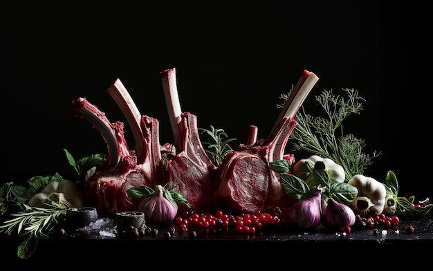 Foto costole di carne di agnello fresche con erbe