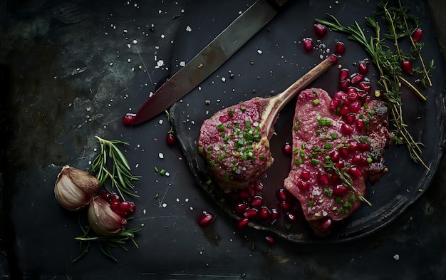 Foto costole di carne di agnello fresche con erbe