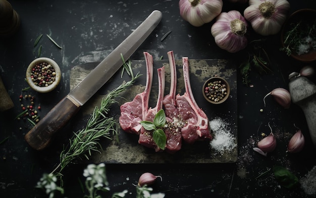 Foto costole di carne di agnello fresche con erbe