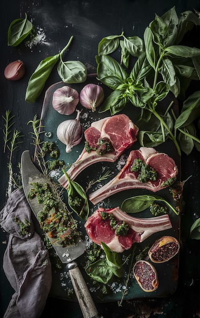 Foto costole di carne di agnello fresche con erbe