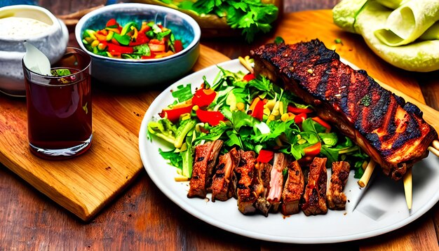 Foto kebab di costole di agnello con insalata di verdure e peperoncini su un tavolo di legno