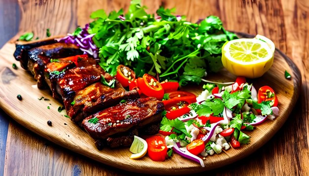 Photo lamb ribs kebab with vegetable salad and peppercorns on a wooden table