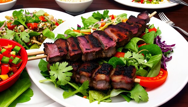 Lamb ribs kebab with vegetable salad and peppercorns on a wooden table