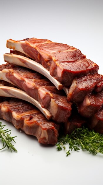 Lamb ribs showcased against a pristine white background capturing their succulent appeal Vertical M