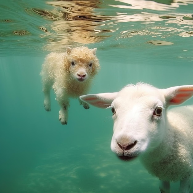 A lamb and a sheep are swimming in the water