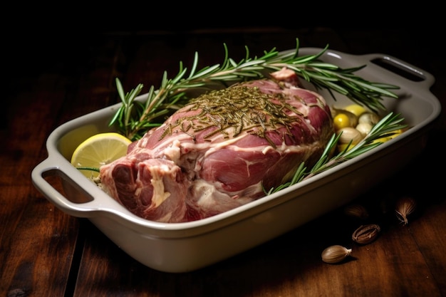 Lamb shoulder with peeled garlic and rosemary in a baking dish